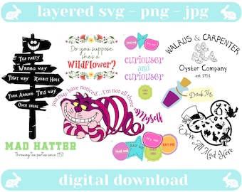 Alice in Wonderland inspired SVG bundle, Cheshire Cat, Mad Hatter, unique svg file for Cricut, Silhouette. Digital Instant downloads. SVG