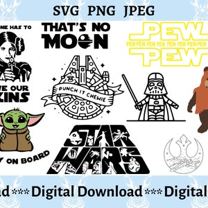 May include: A set of ten black and white Star Wars themed digital clipart images. The images include characters like Yoda, Darth Vader, and Chewbacca, as well as iconic phrases like "That's no moon" and "Save our skins".