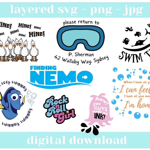 Trouver le bundle Nemo SVG, trouver Dory svg, costume de Darla, fichier de coupe Cricut, fichier svg en couches, chemise Nemo, téléchargements numériques. SVG