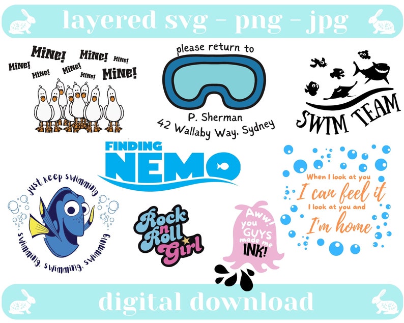 K&ouml;nnte beinhalten: Ein digitaler Download-Satz mit Finding Nemo-Motiven in den Formaten SVG, PNG und JPG. Der Satz enth&auml;lt Bilder von Dory, Nemo, einer M&ouml;we, einer Taucherbrille und Text, der "Just keep swimming", "Finding Nemo", "Rock n Roll Girl", "Swim Team", "I can feel it" und "I'm home" lautet.