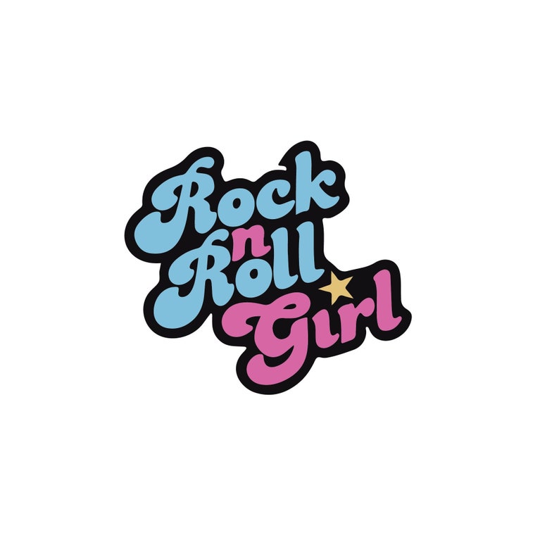 K&ouml;nnte beinhalten: Ein Retro-Grafikdesign mit dem Text "Rock n Roll Girl" in blauen und rosa Buchstaben mit einem goldenen Stern.