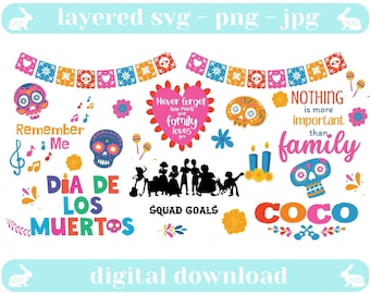 Paquete SVG inspirado en Coco, película Coco svg, svg en capas Cricut, máquinas de corte de silueta. Descargas instantáneas digitales. SVG, sublimación
