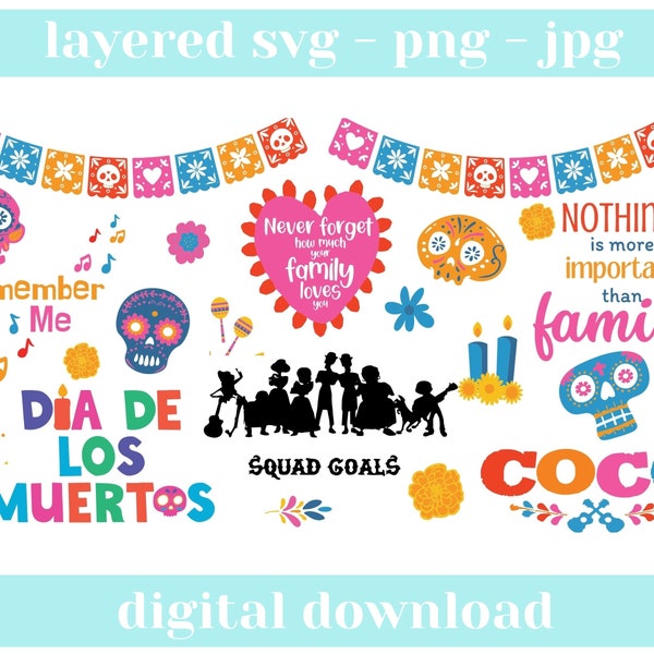 Coco inspired SVG bundle, Coco movie svg, layered svg Cricut, Silhouette cutting machines. Digital Instant downloads. SVG, sublimation