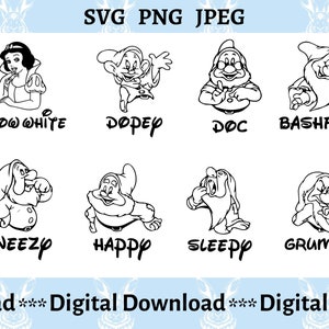Może przedstawiać: Czarno-biała grafika liniowa Kr&oacute;lewny Śnieżki i siedmiu krasnoludk&oacute;w: Dopey, Doc, Bashful, Sneezy, Happy, Sleepy i Grumpy. Tekst "SVG PNG JPEG" znajduje się na g&oacute;rze. Słowa "Pobieranie cyfrowe" znajdują się na dole.