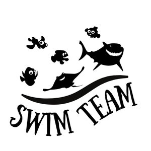 K&ouml;nnte beinhalten: Schwarz-wei&szlig;-Illustration eines Hais, eines Rochens und Fische, die in einer Welle schwimmen, mit dem Text "Swim Team".