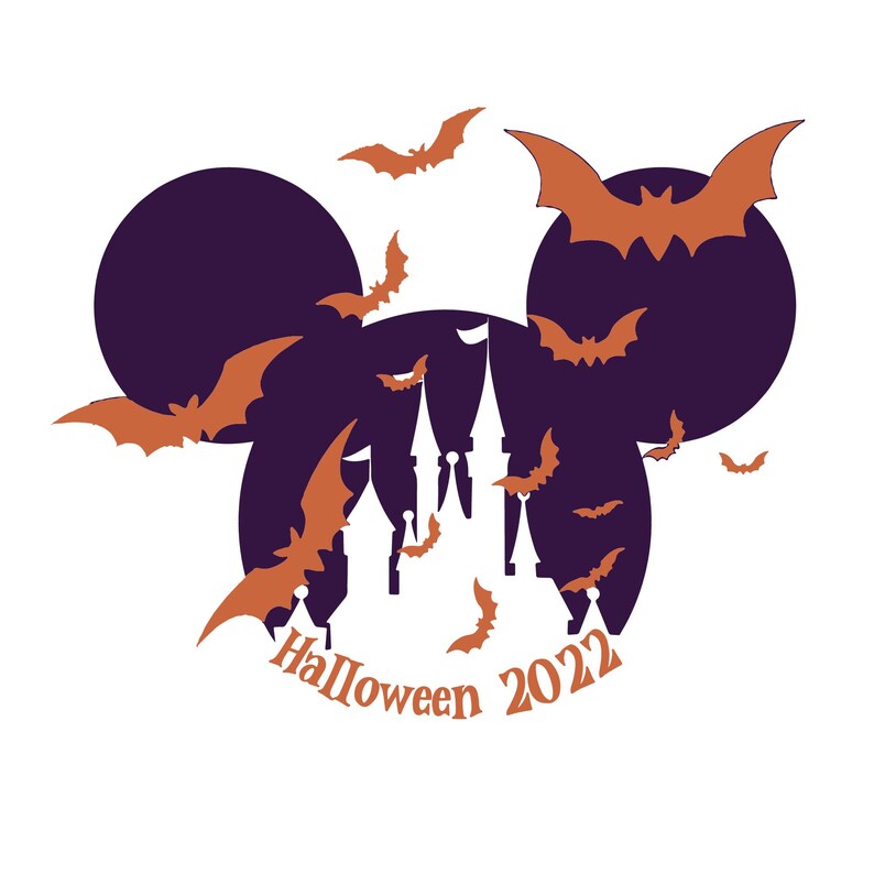 May include: A white silhouette of a castle with orange bats flying around it. The castle is inside a purple Mickey Mouse head shape. The text "Halloween 2022" is below the castle.