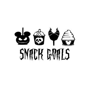 May include: Black and white illustration of four Disney snacks with the text "SNACK GOALS". The snacks are a Mickey Mouse apple, a Poison Apple drink, a Maleficent horn lollipop, and a Mickey Mouse ice cream cone.