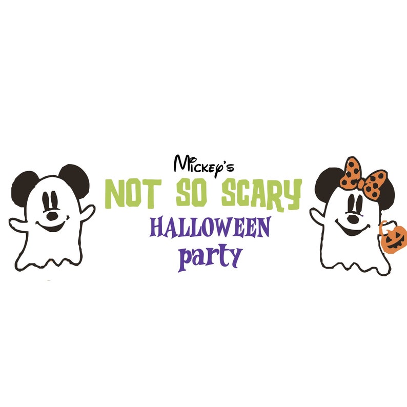 May include: Mickey's Not So Scary Halloween party invitation with two cartoon ghosts, one with a bow and a pumpkin bucket.