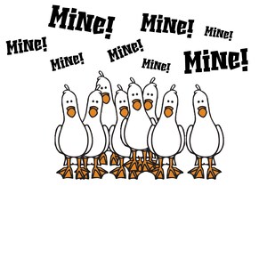 K&ouml;nnte beinhalten: Eine Gruppe von sieben wei&szlig;en Enten mit orangefarbenen Schn&auml;beln und F&uuml;&szlig;en, die alle in die Kamera schauen. Die Enten stehen in einer Reihe, &uuml;ber ihnen steht der Text "Mine!" mehrmals wiederholt.
