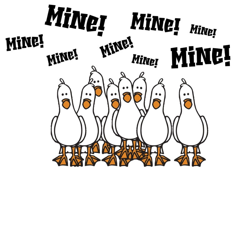 K&ouml;nnte beinhalten: Eine Gruppe von sieben wei&szlig;en Enten mit orangefarbenen Schn&auml;beln und F&uuml;&szlig;en, die alle in die Kamera schauen. Die Enten stehen in einer Reihe, &uuml;ber ihnen steht der Text "Mine!" mehrmals wiederholt.