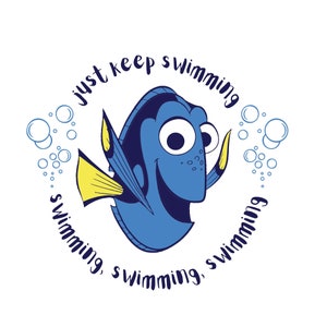 K&ouml;nnte beinhalten: Ein blauer und gelber Cartoon-Fisch mit gro&szlig;en Augen und einem L&auml;cheln. Der Fisch ist von wei&szlig;en Blasen umgeben und dem Text "just keep swimming, swimming, swimming".