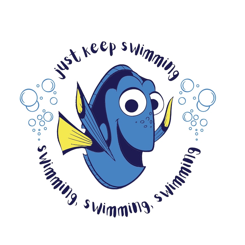 K&ouml;nnte beinhalten: Ein blauer und gelber Cartoon-Fisch mit gro&szlig;en Augen und einem L&auml;cheln. Der Fisch ist von wei&szlig;en Blasen umgeben und dem Text "just keep swimming, swimming, swimming".