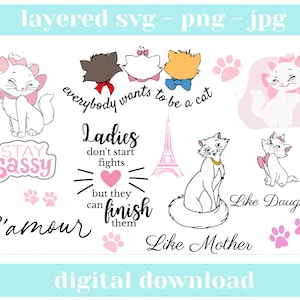 Bundle SVG Aristochats, Marie - Duchesse - Cat Lover SVG Cricut, Les Aristochats Clipart PNG. Téléchargements instantanés numériques - Marie svg - Chats svg