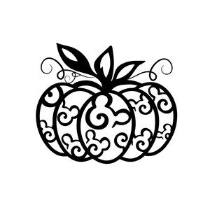 May include: Black and white line art illustration of a pumpkin with a swirling pattern. The pumpkin has a stem with leaves.