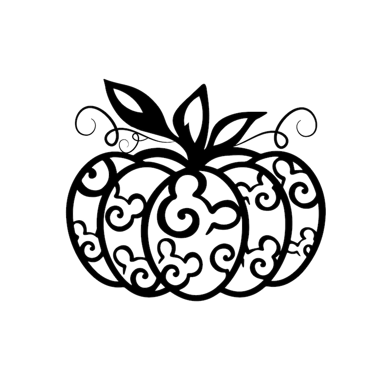 May include: Black and white line art illustration of a pumpkin with a swirling pattern. The pumpkin has a stem with leaves.