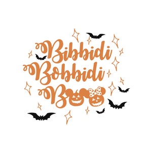 May include: Orange text with the words "Bibbidi Bobbidi Boo" with two pumpkin Mickey Mouse heads. The pumpkins have black eyes and mouths and one has a red bow.
