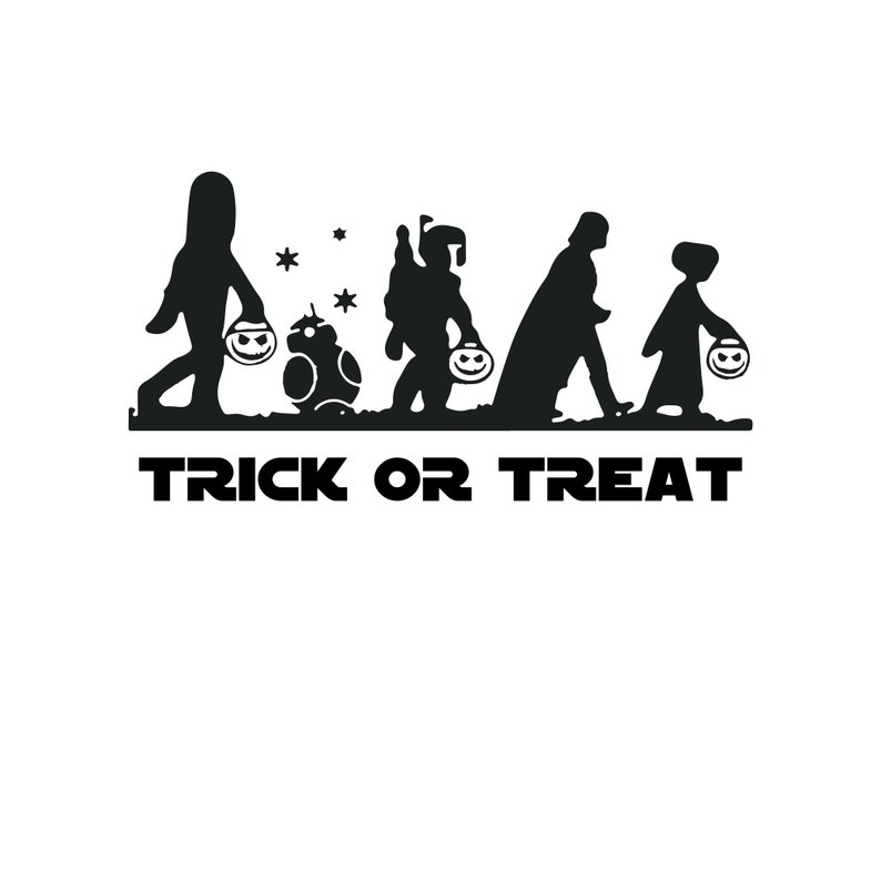 May include: Black and white silhouette of Star Wars characters trick or treating.  The characters include Darth Vader, a Stormtrooper, R2-D2, and a young child.  The text "TRICK OR TREAT" is below the characters.