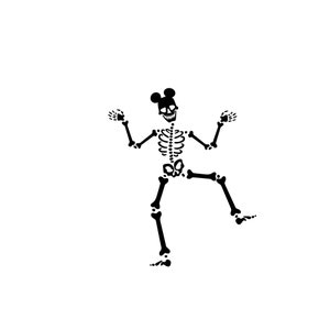 May include: A black skeleton with a Mickey Mouse-style head is dancing with one leg raised and arms outstretched.