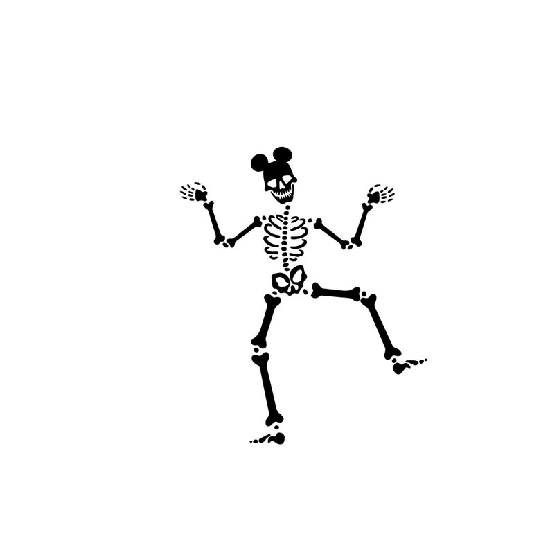 May include: A black skeleton with a Mickey Mouse-style head is dancing with one leg raised and arms outstretched.