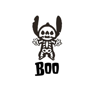 May include: Black and white illustration of a skeleton Stitch character with the word "BOO" below it.