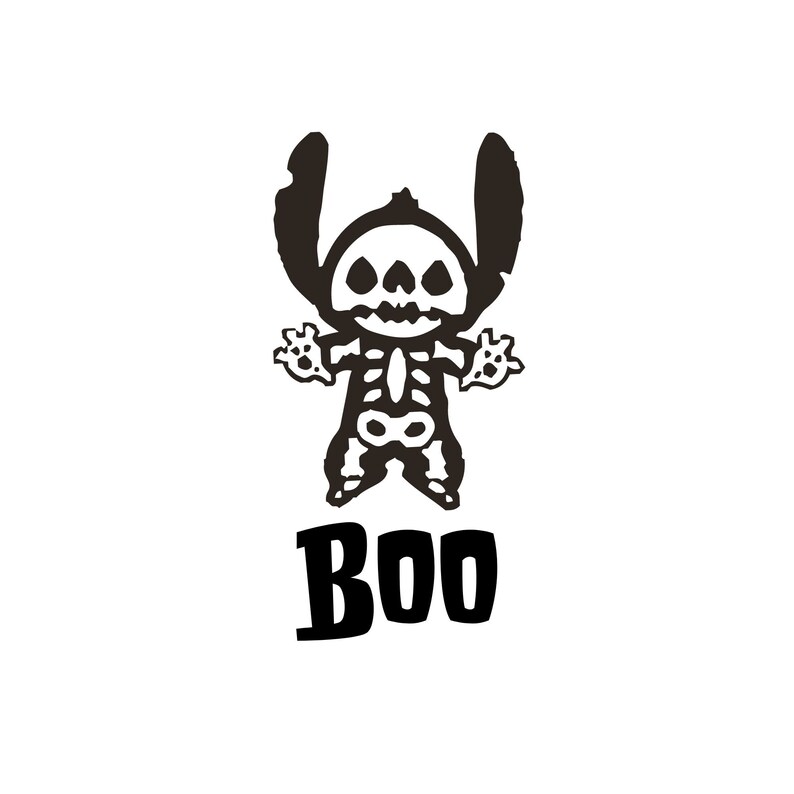 May include: Black and white illustration of a skeleton Stitch character with the word "BOO" below it.