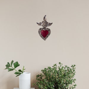 Mexican tin ornaments for colorful interiors, milagros tin sacred heart, ex voto wall art for home protection, wall folk decor living room