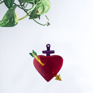 Folk mexican heart wall decor, colorful sacred heart, silver ex voto wall art for handcrafted lover gift, mexican milagros folk art decor