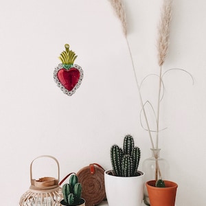 Heilig hart Mexicaanse kunst aan de muur voor de woonkamer, ex voto hart decor, heilig hart kunst ornament, Mexico inspiratie kunst voor kleurrijke volksmuur