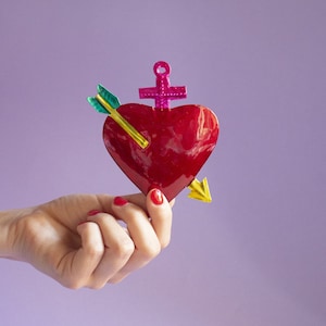 Mexicaanse tin kunst hart, heilig hart muur ornamenten, veel succes charme zilver ex voto, kleurrijke decoratieve muur opknoping hart cadeau voor nieuw huis