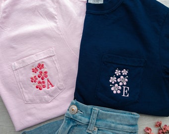 Custom Monogram Hibiscus Shirt | Cozy Personalized Oversized Initial Pocket Tee | Flower Botanical Beachy Gift