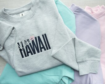 Hawaii Aloha Sweatshirt | Cozy Embroidered Beach Crewneck | Beachy Hibiscus Pullover Sweater | Travel Vacation State Gift For Her