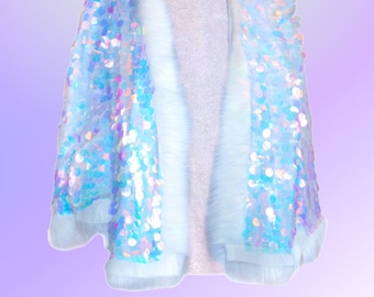 Kimono met hologram pailletten, witte zeemeerminkimono van namaakbont, festivalkleding, Burning Man-kostuum, ravejack, uniseks feestkleding