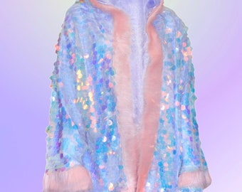 Pink Mermaid Sequin Jacket, Faux Fur Details, Festival Clothing Woman, Festival Outfit, Burning Man Costume, Rave Jacket, Party Clothes