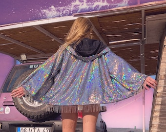 Hologram Sequin Kimono, Festival Clothing Woman, Festival Outfit, Burning Man Costume, Rave Jacket, Rave Clothing, Party Clothes