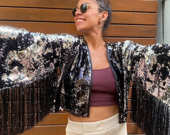 Stralend zwart klatergoud met pailletten omzoomd jas, eeuwige feestkimono, festivaldamesjas, korte ravestofdoek, jas Burning Man, cadeau voor haar
