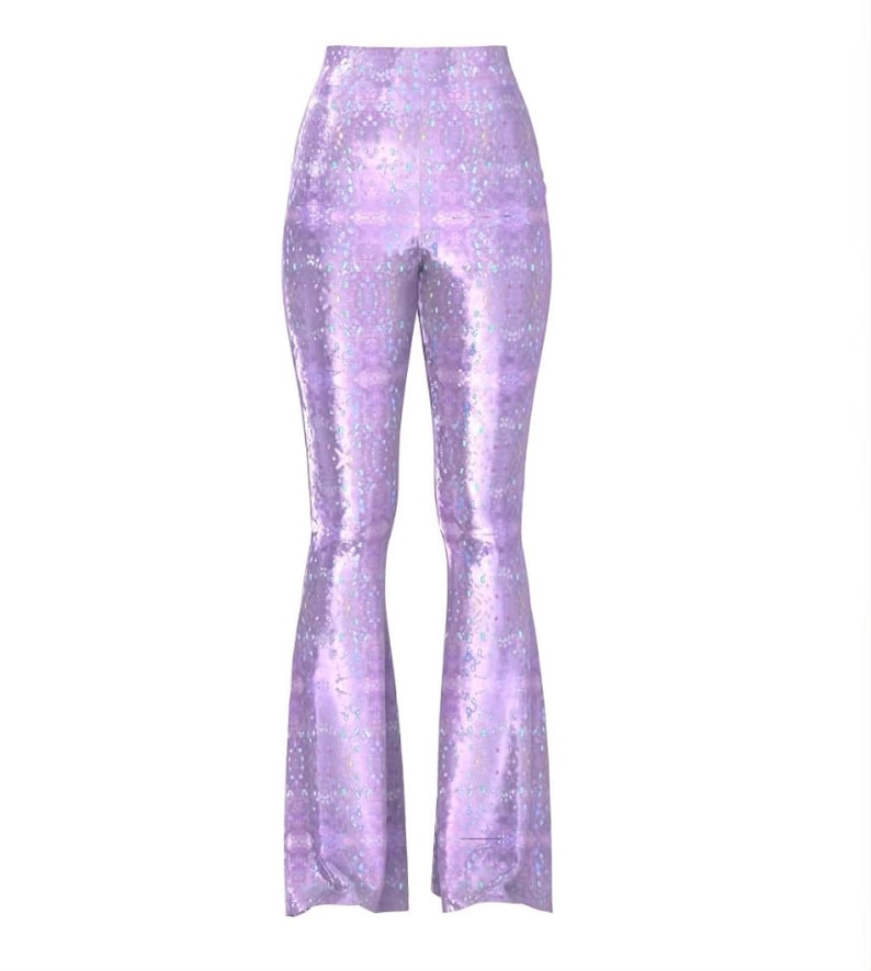 Crystal Fantasy Flare Pants, Rave Clothing, Crystal Party Fashion, Future Fashion, Pink Flare Pants, Birthday Costume, Crystal Fabric, Lilac image 2