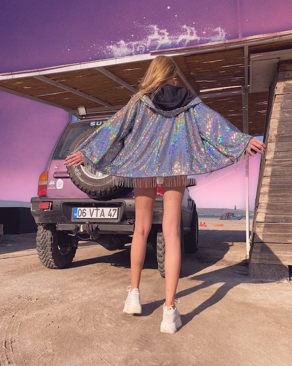 Hologram Sequin Kimono, Festival Clothing Woman, Festival Outfit, Burning Man Costume, Rave Jacket