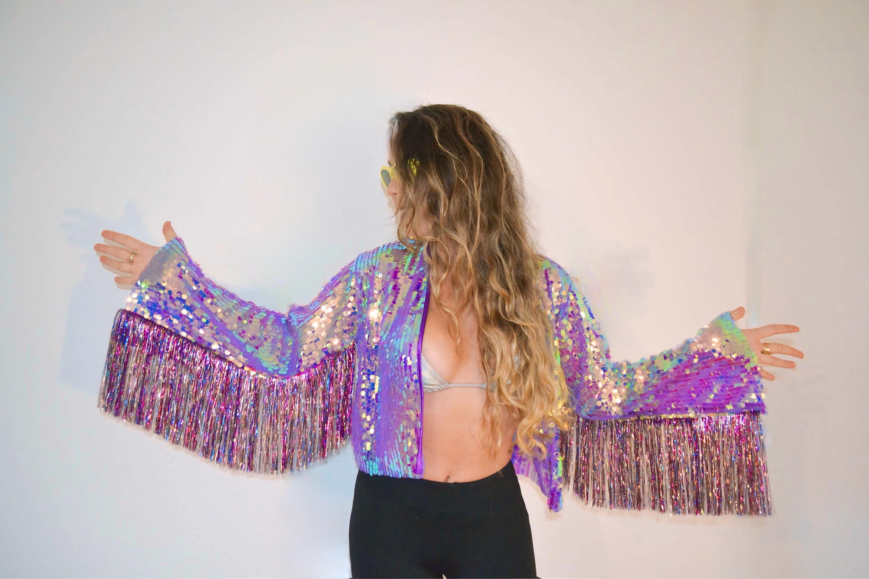 Paars klatergoud pailletten jasje, Eternal Party kimono, uniseks festivaljas, korte rave stofdoek, Burning Man jas, cadeau voor haar