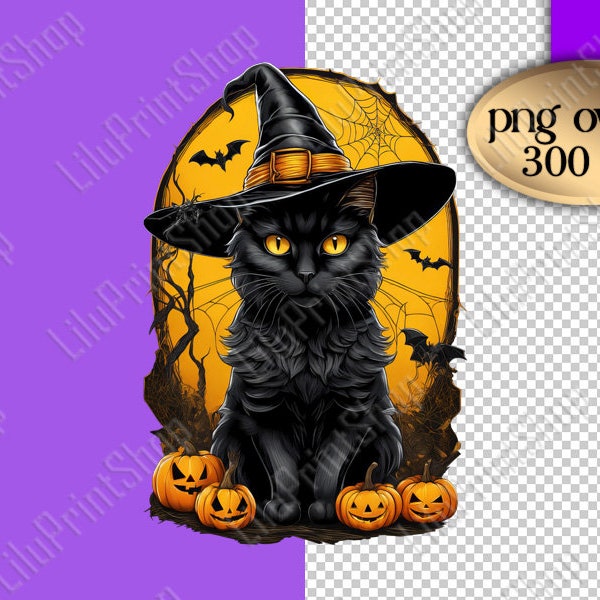 Black Fluffy Cat and Pumpkins clipart Spooky season png Halloween cat png digital instant download