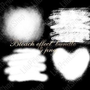 Puede incluir: Un paquete de arte digital con cuatro diseños de efecto blanqueador blanco sobre un fondo negro. Los diseños incluyen un círculo, un rectángulo, un corazón y una forma horizontal. El texto en escritura dorada dice "Bleach effect bundle 4 png".