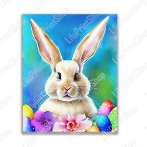 Spring Bunny print Bunny Printable art Bunny with Easter eggs & flowers Digital Easter rabbit wall art Poster instant download