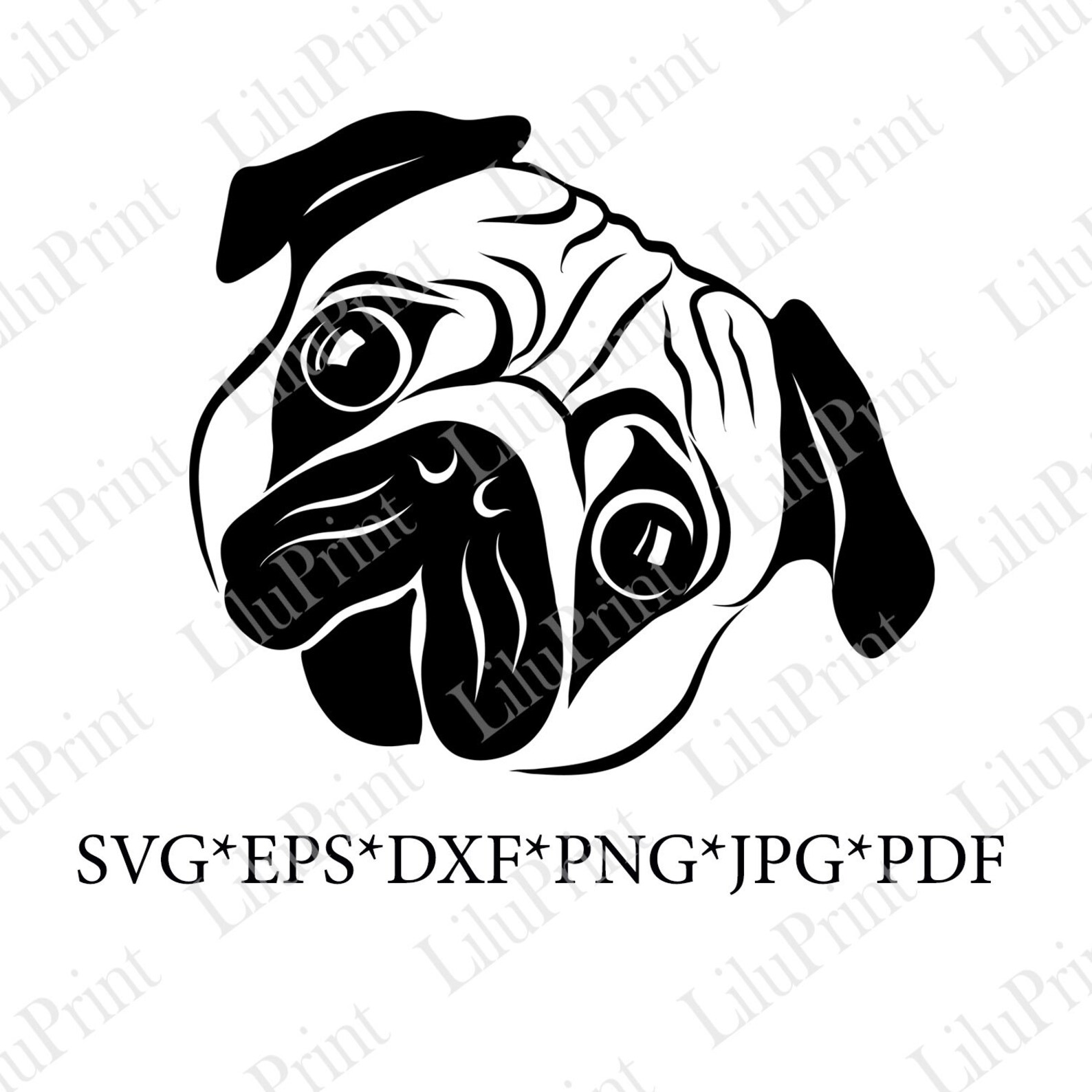 Pug SVG Pug Head Clipart Dog Face Png Overlay, Dog Lover Cut File for ...