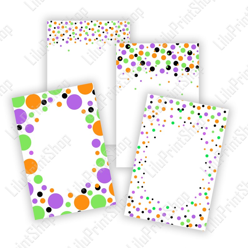 May include: Four printable cards with a white background and a border of colorful polka dots. The polka dots are in shades of green, orange, purple, and black.