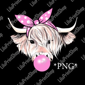 Blonde Highland cow png sublimation Cow with bubble gum and pink bandana Heifer PNG clipart digital Instant download