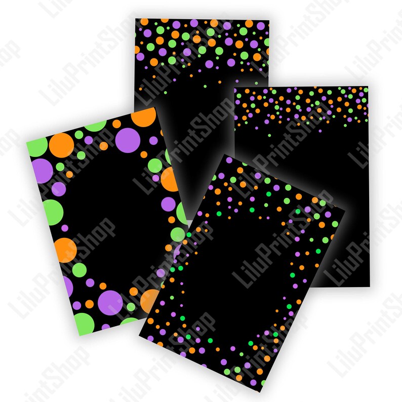 May include: Three printable black cards with a border of green, orange, and purple polka dots. The cards are perfect for Halloween parties or crafts.