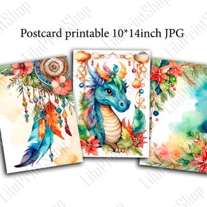 Cartão postal de Natal para impressão 10*14 polegadas. Impressão de arte em aquarela Boho com dragão, pena, contas e poinsétia. Download instantâneo digital