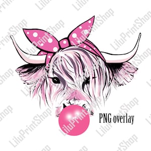Strawberry cow PNG Strawberry cow overlay Strawberry cow Sublimation Design Highland cow clipart Cow and bubble gum Strawberry cow clipart