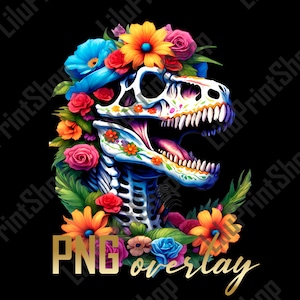 Tyrannosaurier Zuckerschädel Clipart Dino Candy Schädel Overlay für Tag der Toten, Cinco de Mayo Dia de los Muertos digitaler sofort Download