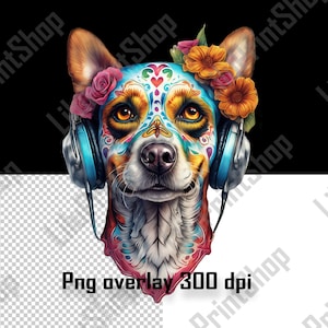 Hond met koptelefoon en bloemen png clipart Bloemen hondenhoofd overlay. Digitale instant download voor sublimatie