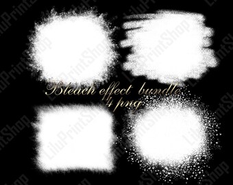 Puede incluir: Cuatro superposiciones de efecto blanqueador blancas sobre un fondo negro. Las superposiciones tienen la forma de un círculo, un rectángulo, un cuadrado y un rectángulo largo. El texto "Bleach effect bundle 4 png" está escrito en letras doradas.